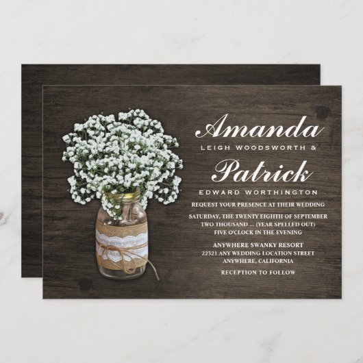 Baby's Breath Burlap Mason Jar bruiloft uitnodigin Kaart (Voorkant / Achterkant)