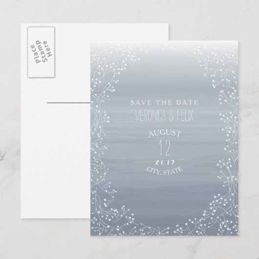 Baby's Breath Chambray Waterverf Save The Date Aankondigingskaart (Voorkant / Achterkant)