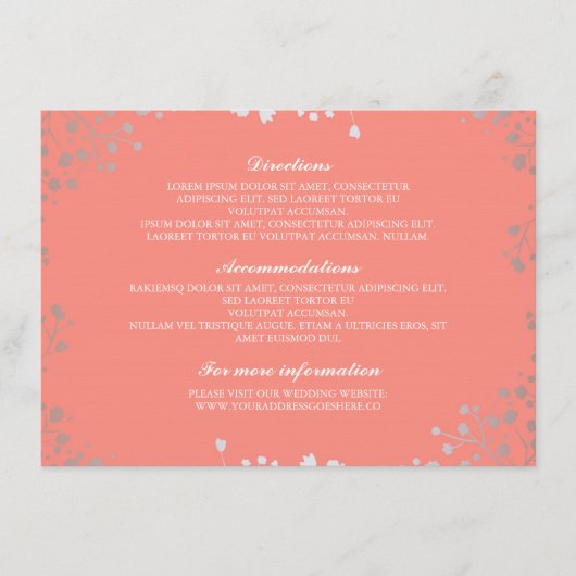 Baby's Breath Coral Zilver Bruiloft Details Informatiekaartje (Voorkant)