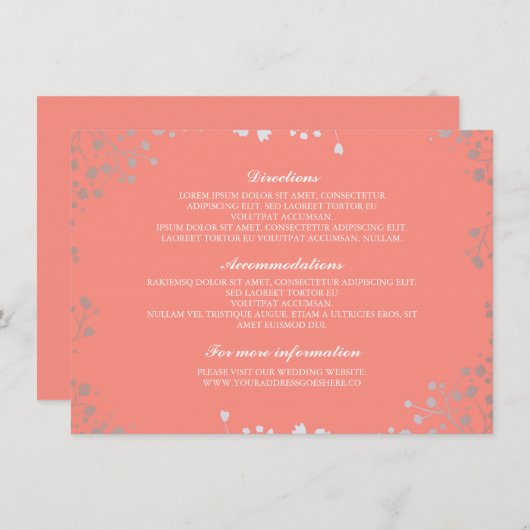 Baby's Breath Coral Zilver Bruiloft Details Informatiekaartje (Voorkant / Achterkant)