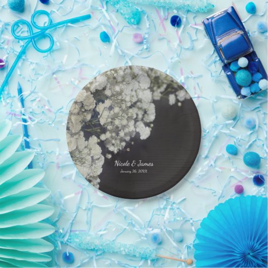 Baby's Breath & Donker Hout Elegant Bloemenfeest Papieren Bordje (Feest)