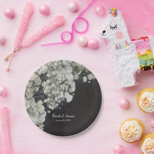 Baby's Breath & Donker Hout Elegant Bloemenfeest Papieren Bordje (Feest)