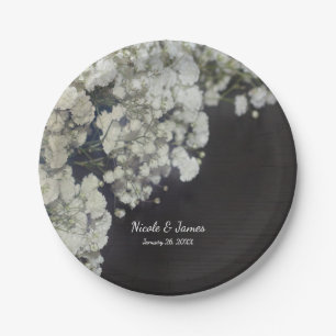 Baby's Breath & Donker Hout Elegante Bloemenfeest Papieren Bordje