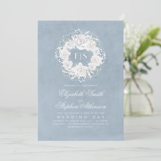 Baby's Breath Dusty Blue Floral Wedding Kaart (Staand voorkant)
