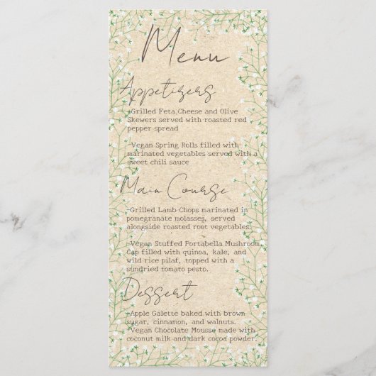 Baby's Breath Elegante Bloemige Rustieke Boho Brui Menu (Voorkant)