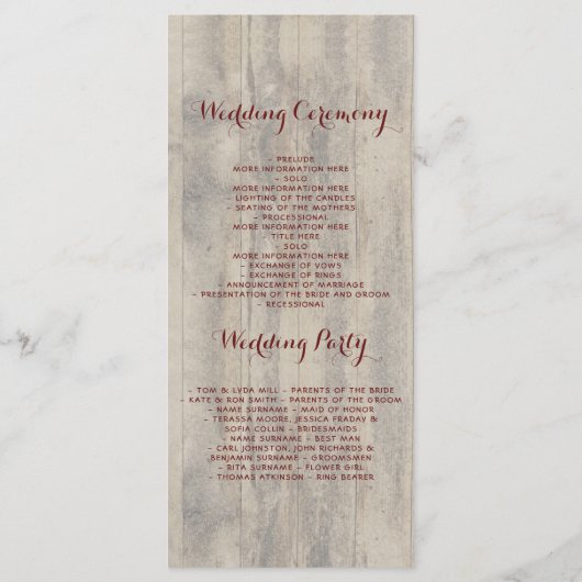 Baby's Breath en Bourgogne Bloemen Rustieke Progra Programmakaart (Achterkant)