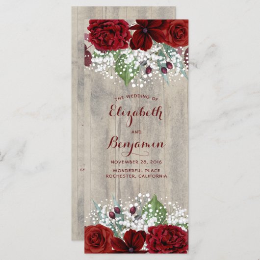 Baby's Breath en Bourgogne Bloemen Rustieke Progra Programmakaart (Voorkant / Achterkant)