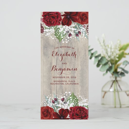 Baby's Breath en Bourgogne Bloemen Rustieke Progra Programmakaart (Staand voorkant)
