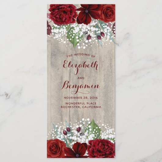 Baby's Breath en Bourgogne Bloemen Rustieke Progra Programmakaart (Voorkant)