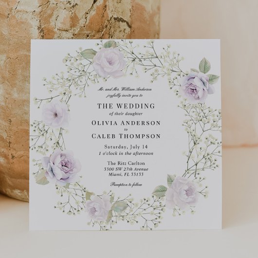 Baby's Breath en Paarse Rozen Bruiloft Kaart