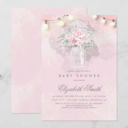 Baby's Breath en Pink Roses Rustiek Baby shower Kaart (Voorkant / Achterkant)