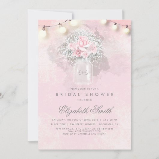 Baby's Breath en Pink Roses Rustiek Vrijgezellenfe Kaart (Voorkant)