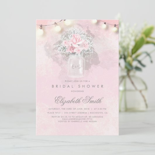 Baby's Breath en Pink Roses Rustiek Vrijgezellenfe Kaart (Staand voorkant)
