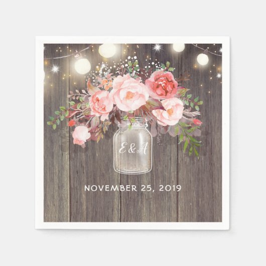 Baby's Breath en Roze Bloemen Mason Jar Rustic Servet (Voorkant)