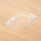 Baby's Breath en roze rozen Doop Acryl Uitnodigingen (Laagn)