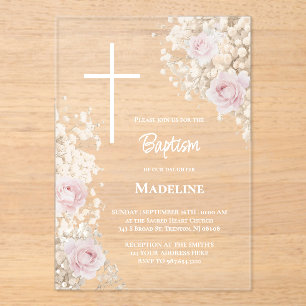 Baby's Breath en roze rozen Doop Acryl Uitnodigingen