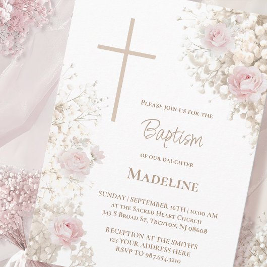 Baby's Breath en roze rozen Doop Kaart