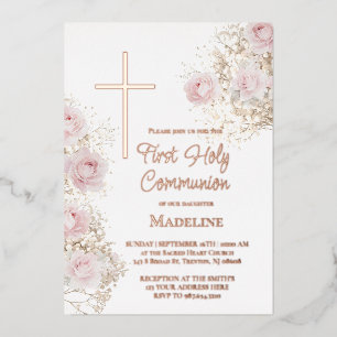 baby's breath en roze rozen Eerste Communie Folie Uitnodiging