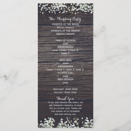 Baby's Breath Floral & Dark Rustic Wood Programma Programmakaart (Achterkant)