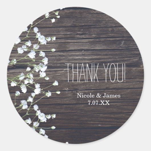Baby's Breath Floral & Dark Rustic Wood Wedding Ronde Sticker (Voorkant)