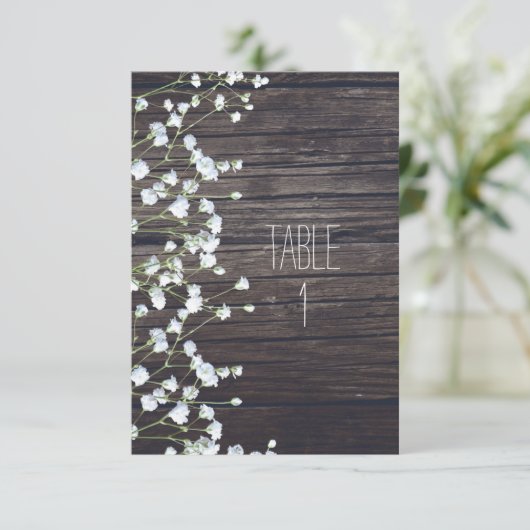 Baby's Breath Floral Donker Rustiek Houten Tafelnu Kaart (Staand voorkant)