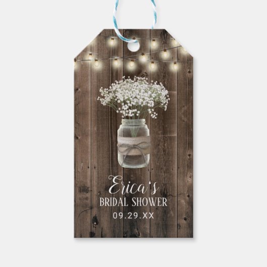 Baby's Breath Floral Jar Barn Wood Vrijgezellenfee Cadeaulabel (Voorkant)