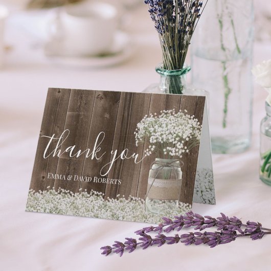 Baby's Breath Floral Jar Rustic Wood Dank je Bedankkaart