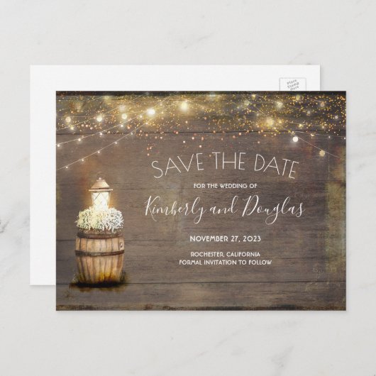 Baby's Breath Floral Lantern Rustic Save the Date Aankondigingskaart (Voorkant / Achterkant)