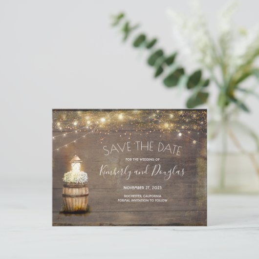 Baby's Breath Floral Lantern Rustic Save the Date Aankondigingskaart (Staand voorkant)
