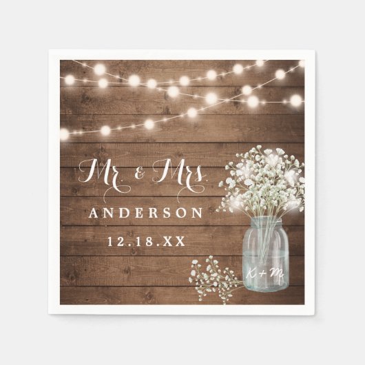 Baby's Breath Floral Mason Jar Rustic Wood Wedding Servet (Voorkant)