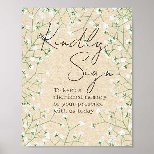 Baby's Breath Floral Rustic Kindly Sign Guest Book Poster (Voorkant)