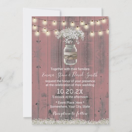Baby's Breath Floral Rustic Pink Barn Wood Wedding Kaart (Voorkant)