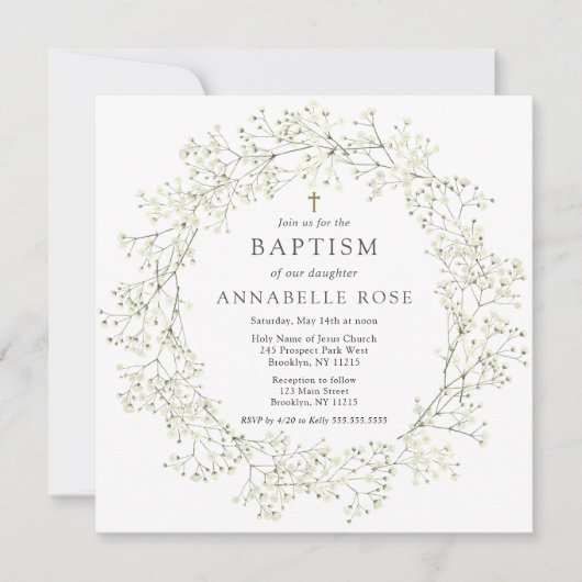 Baby's Breath Flowers Baptism Invitation Kaart (Voorkant)