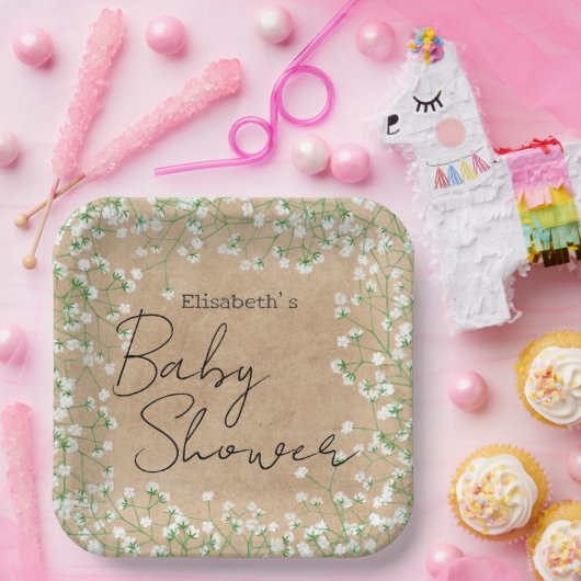 Baby's Breath Flowers Boho Farmhouse Baby shower Papieren Bordje (Feest)