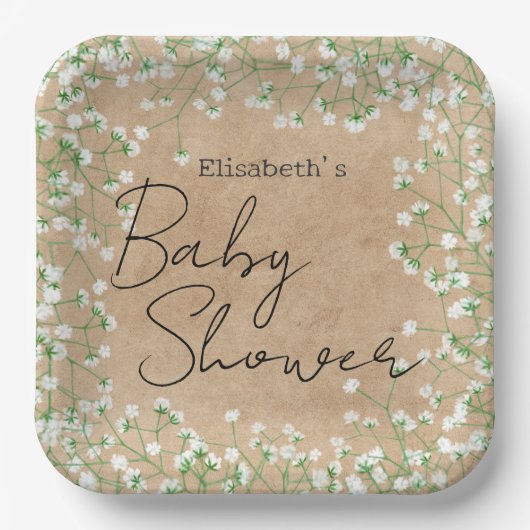 Baby's Breath Flowers Boho Farmhouse Baby shower Papieren Bordje (Voorkant)