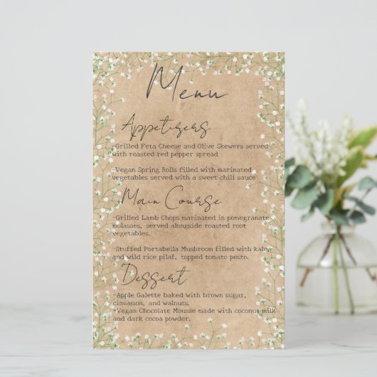 Baby's Breath Flowers Rustic Boho Wedding Menu (Staand voorkant)
