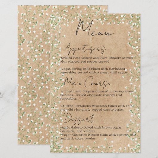 Baby's Breath Flowers Rustic Boho Wedding Menu (Voorkant / Achterkant)