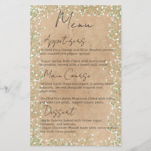 Baby's Breath Flowers Rustic Boho Wedding Menu (Voorkant)