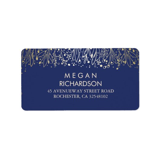 Baby's Breath Gold en Navy Florals Bruiloft Etiket (Voorkant)