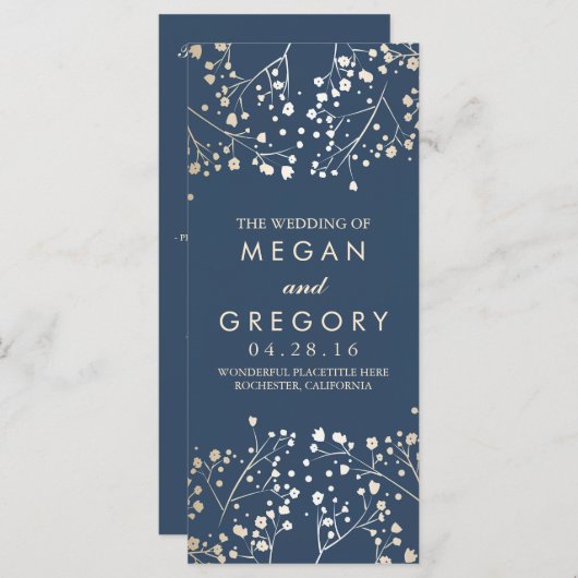 Baby's Breath Gold en Navy huwelijksprogramma's Programmakaart (Voorkant / Achterkant)