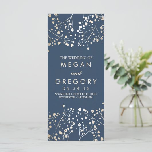 Baby's Breath Gold en Navy huwelijksprogramma's Programmakaart (Staand voorkant)