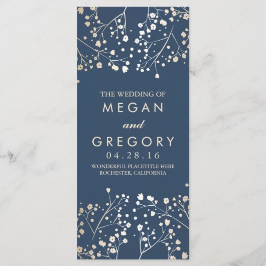 Baby's Breath Gold en Navy huwelijksprogramma's Programmakaart (Voorkant)