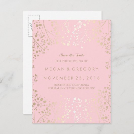 Baby's Breath Gold en Pink slaan de datum op Aankondigingskaart (Voorkant / Achterkant)