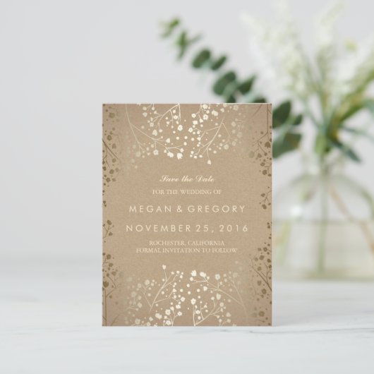 Baby's Breath Gold Kraft Bewaar de datum Aankondigingskaart (Staand voorkant)