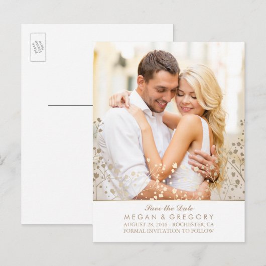 Baby's Breath Goud en Wit Foto Sla de datum op Aankondigingskaart (Voorkant / Achterkant)