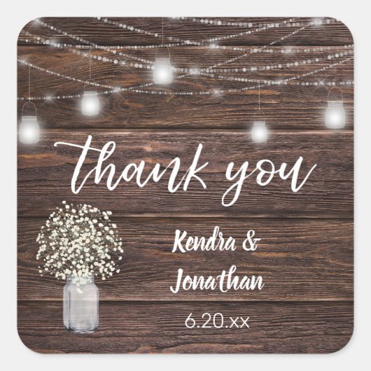 Baby's Breath Hout & Pot String Lichtjes Dank Je Vierkante Sticker (Voorkant)