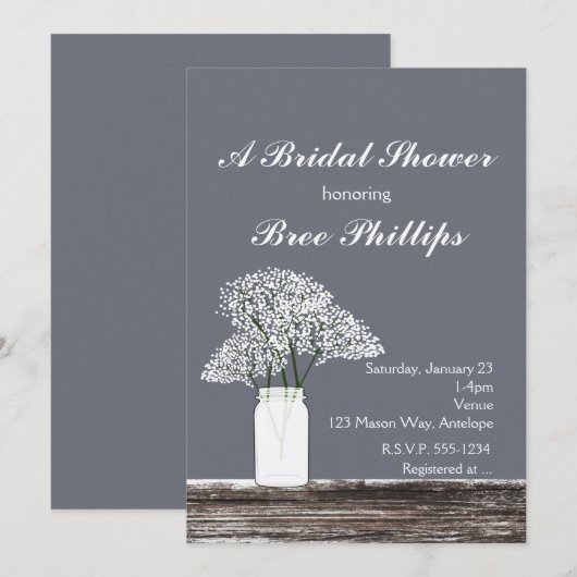 Baby's Breath in Mason Jar Rustieke Grijze Uitnodi Kaart (Voorkant / Achterkant)