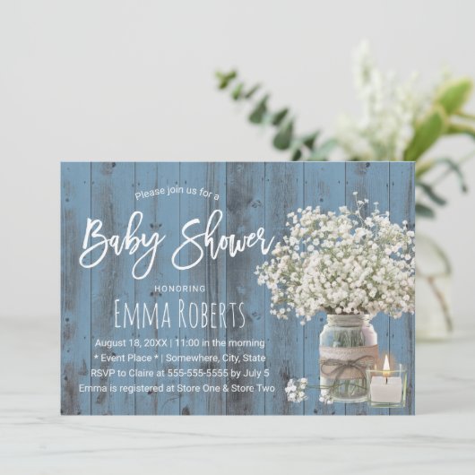 Baby's Breath Jar & Candle Dusty Blue Baby shower Kaart (Staand voorkant)