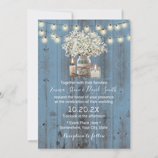 Baby's Breath Jar Rustic Dusty Blue Barn Wedding Kaart (Voorkant)