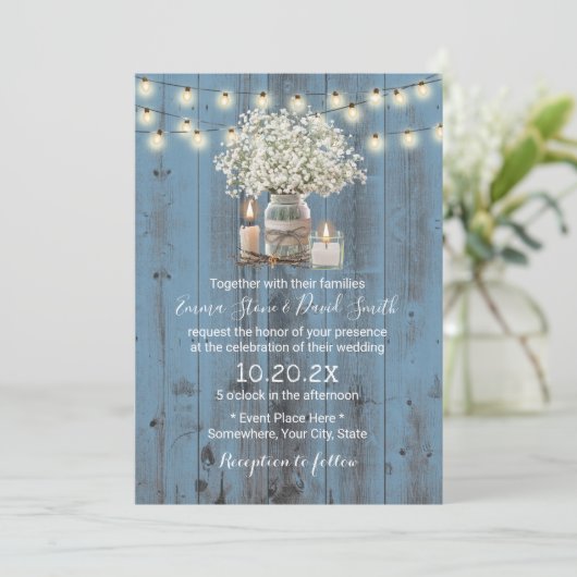 Baby's Breath Jar Rustic Dusty Blue Barn Wedding Kaart (Staand voorkant)